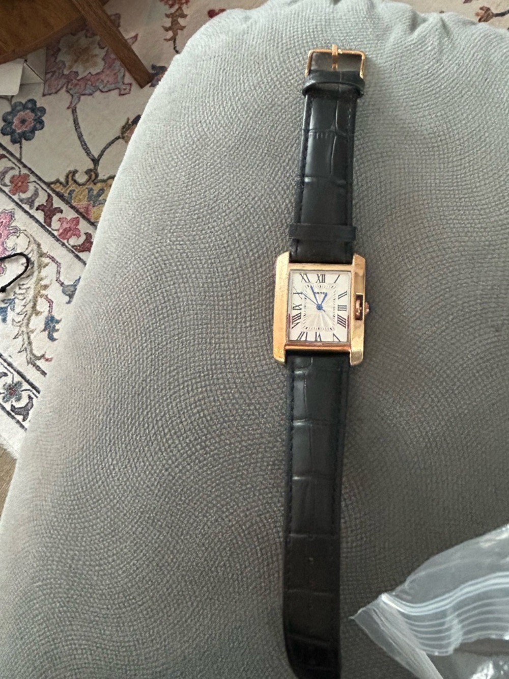 Women's Black Leather Strap Watch with Gold-Tone Rectangular Case